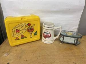Lot Including Vintage Lunch Box Twins Stein Floral Glass Box