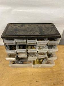 Lot Including Clock Repair Parts in Organizer Cabinet Brass Hardware