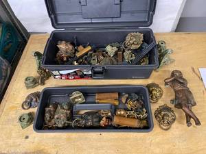 Lot Including Antique Brass Clock Hardware Lion Pulls & Mounts