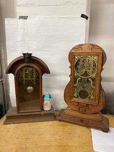 Two Antique Wooden Mantel Shelf Clocks Including Violin Form Case