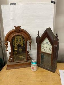Pair of Antique Wooden Mantel Shelf Clocks Gingerbread Steeple