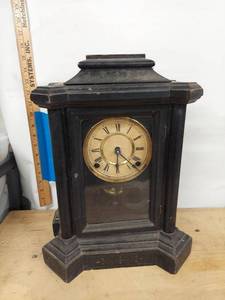 Antique Black Mantel Shelf Clock Roman Dial Pendulum Gong Approx 16in