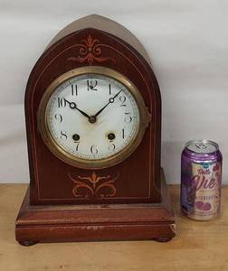 New Haven Peale Mantel Clock Inlaid Wood Case 8 Day Strike See Photos
