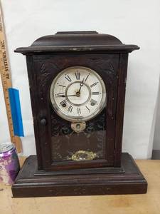 Antique Wooden Mantel Clock Roman Dial Pendulum Approx 18in Untested