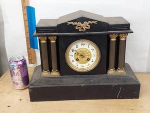 Antique Black Mantel Clock Column Case Dual Wind Untested See Photos