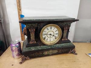 Seth Thomas Adamantine Mantel Clock Faux Marble Lion Handles See Photos
