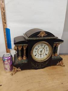 Seth Thomas Adamantine Mantel Clock Faux Marble Columns Approx 12in