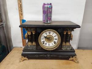 Antique Victorian Style Mantel Clock Black Case Marbleized Columns