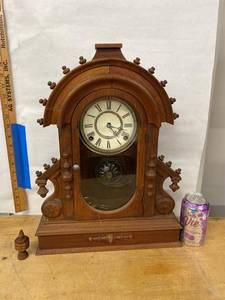 Antique Victorian Gingerbread Mantel Clock Wood Case Approx 18in