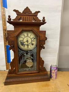 Victorian Gingerbread Mantel Clock Walnut Case Pendulum Approx. 23in