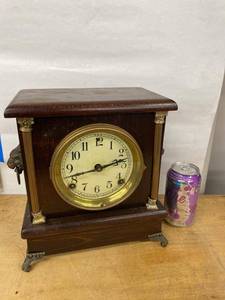 Sessions mantel clock wood case brass bezel lion pulls, untested