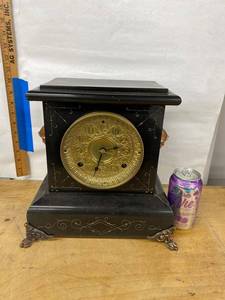 Seth Thomas Antique Black Mantel Clock Brass Dial Approx. 15in