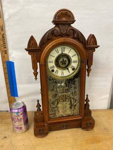 Antique Victorian Gingerbread Shelf Clock Carved Wood approx 22in
