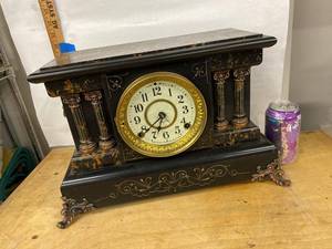 Seth Thomas Adamantine Mantel Clock Black Faux Marble approx 19in