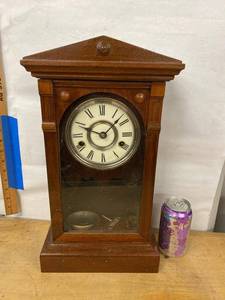 Antique Wooden Mantel Shelf Clock Roman Dial Approx. 19in Untested