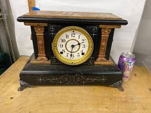Seth Thomas Adamantine Mantel Clock Faux Marble Lion Handles Untested