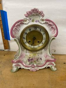 Antique Porcelain Mantel Clock BHA French Movement Floral Pink Case