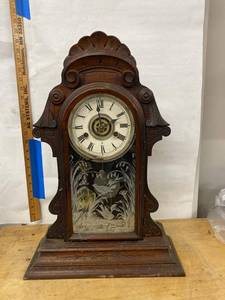 Antique Gingerbread Parlor Shelf Clock Etched Glass Approx 22in