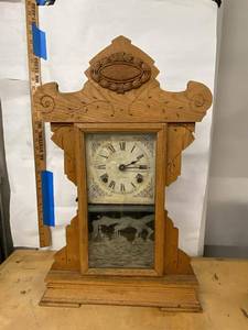 Seth Thomas Antique Gingerbread Shelf Clock Oak Case approx 27in