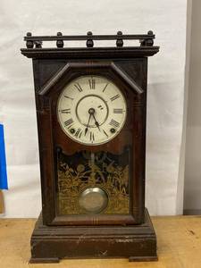 Antique Victorian Gingerbread Mantel Clock w Pendulum Approx 20in