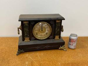 Antique Mantel Clock Black Case Roman Dial Decorative Feet Untested