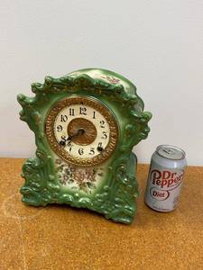 Ansonia Porcelain Mantel Clock Green Floral Ornate Case Approx 12in