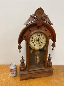 Antique Gingerbread Mantel Clock Walnut Case Pendulum Key Wind