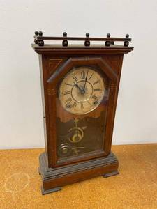 Antique Shelf Mantel Clock Wood Case Pendulum Strike Untested