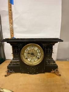 Sessions Black Adamantine Mantel Clock Ornate Gilt Dial Approx. 12in