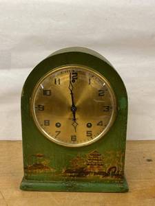 Gilbert Chinoiserie Green Arch Mantel Clock Vintage Wood Case Untested