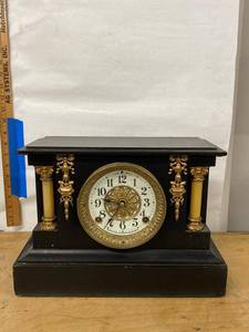 Antique Black Mantel Clock with Gilt Trim and Columns Approx. 14in