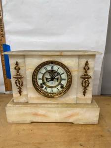 Ansonia Onyx Mantel Clock Antique Stone Case Roman Dial Approx 12.5in