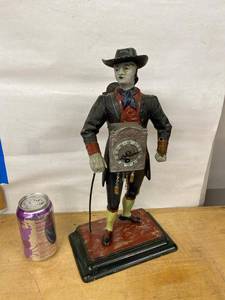 Antique Figural Gentleman Novelty Clock Hand Painted Metal Shelf Clock