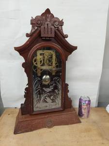 Wm. L. Gilbert Antique Shelf Clock Gingerbread Case Etched Glass
