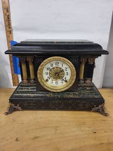 Ornate Black Marble-Style Mantel Clock With Key