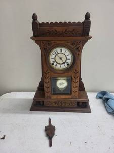 Antique Carved Wood Mantel Clock With Key