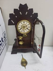 Vintage Ornate Wooden Wall Clock With Pendulum & Weights