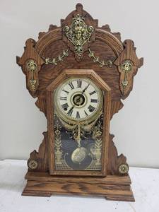 Ornate Wooden Shelf Clock With Glass Door & Pendulum