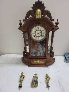 Ornate Wood Mantel Clock With Pendulum & Figural Accents
