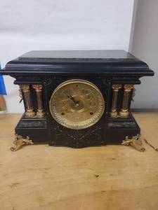 Antique Black Slate Mantel Clock w Gilt Metal Columns & Open Escapement