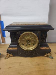 Antique Black Mantel Clock Lion Handles Gilt Dial Marble Top See Photos