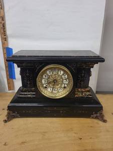 Antique Black Mantel Clock Ornate Gilt Dial Lion Handles See Photos
