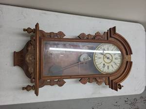 Antique Walnut Gingerbread Wall Clock w Pendulum Calendar Dial