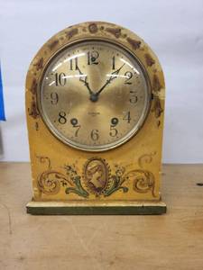 Gilbert Mantel Alarm Clock Painted Wood Case Cameo Floral Decor