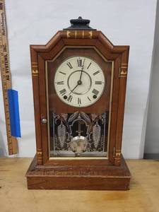 Antique Wooden Mantel Shelf Clock Roman Dial Pendulum 18in Tall