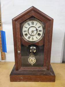 Antique Steeple Mantel Clock Wood Case Pendulum Roman Dial