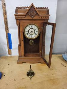 Antique Victorian Walnut Gingerbread Shelf Clock w Pendulum Barometer