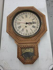 Antique Oak Regulator Wall Clock Calendar Dial Octagon Parts Repair