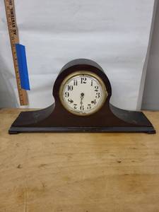 Antique Tambour Mantel Clock Dark Wood Case Mechanical Strike