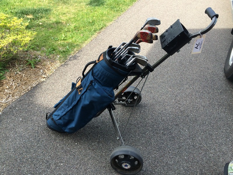 Complete Golf Club Set and Cart  includes 9 irons, 1 putter, 5 drivers
